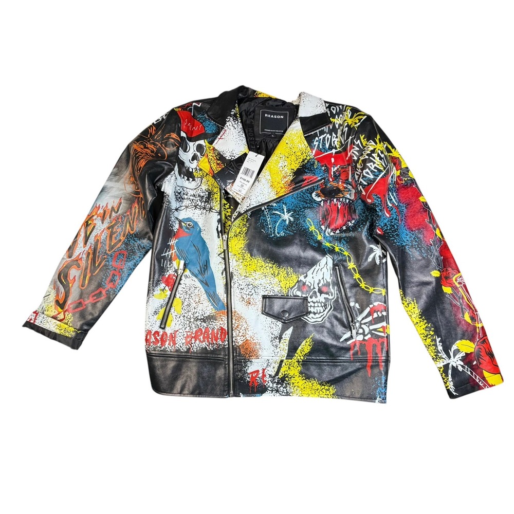 Reason Brand Graffiti Moto Jacket Mens Large‎ Black Multi Vegan Leather RCF22-28
